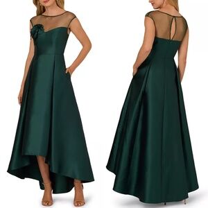NEW Adrianna Papell GREEN Mikado BOAT NECK Mesh LARGE FLORAL High Low GOWN 12
